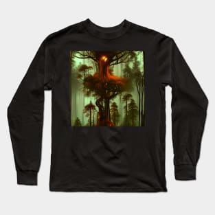 Magical Cottage Tree House with Lights in Forest, Scenery Nature Long Sleeve T-Shirt